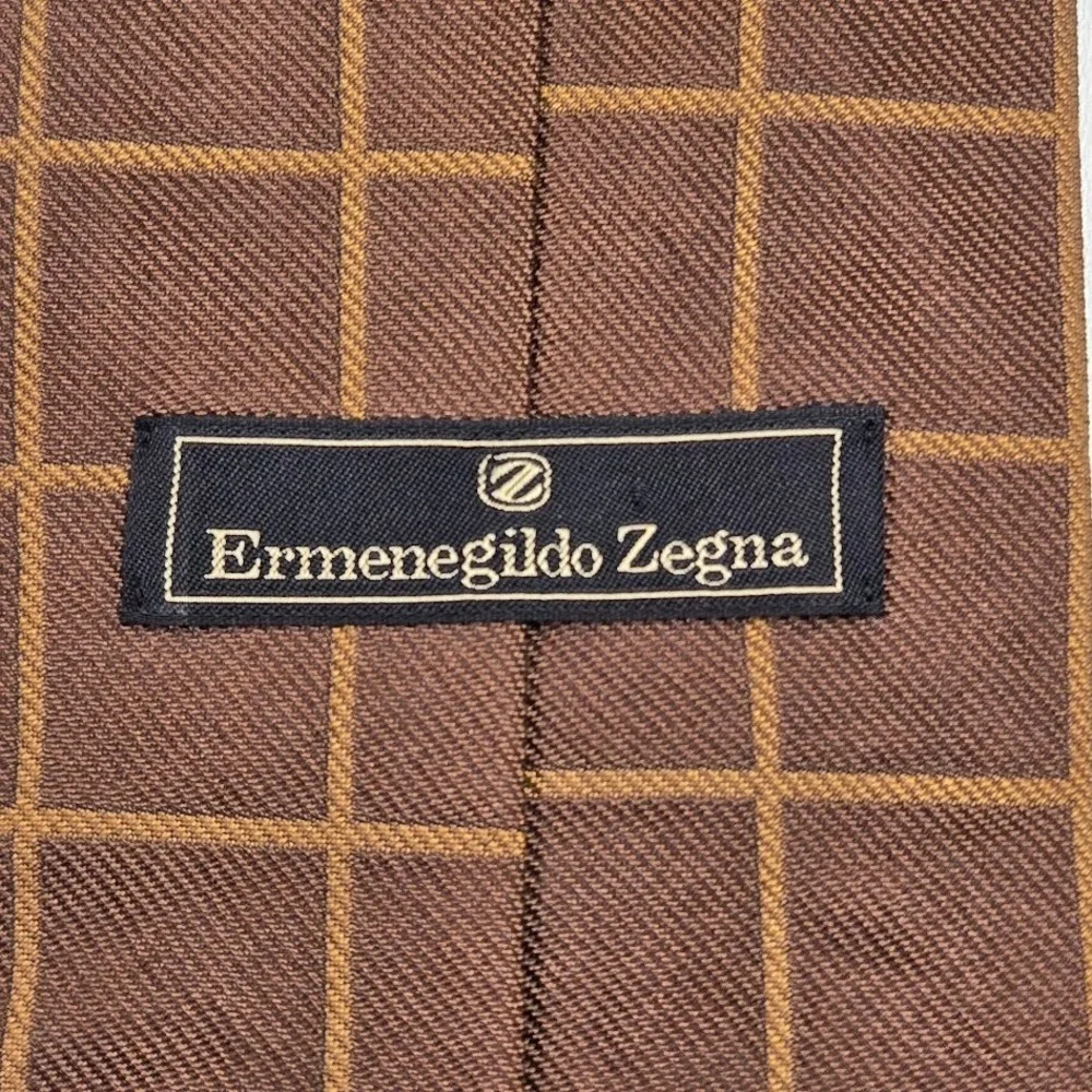 Ermenegildo Zegna‎ Brown & Gold Grid Tie 100% Silk Men's Necktie